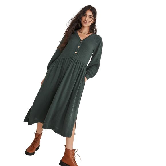 Madewell Dark Palm Lightspun Button Front Long Sleeve Midi Dress Size 14 - Picture 1 of 11